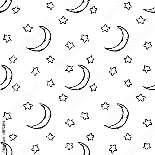 Black and white Cosmos background. Seamless pattern with moon sickle and stars