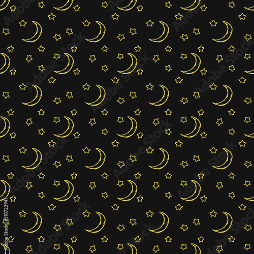 Cosmos background. Seamless pattern with moon sickle and stars