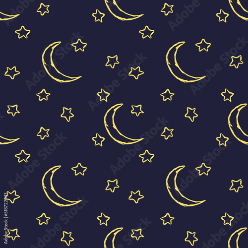 Cosmos background. Seamless pattern with moon sickle and stars