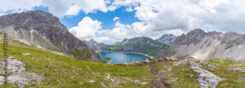 Mountain panorama of the Lünersee in the Brandnertal valley (Rätikon, Montafon, Vorarlberg)