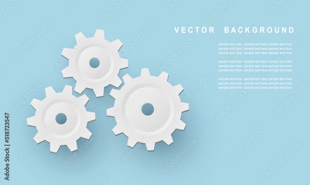 3D white gears and cogs on blue, cooperation concept technology background with copy space, 3D vector illustration