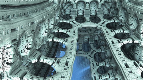 Abstract background, fantastic blue metal structures, ancient civilization fictional background, 3D render illustration.