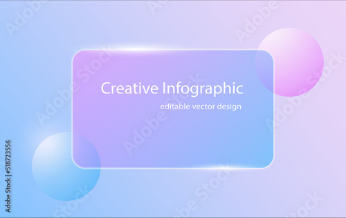 Transparent 3d glass shape for infographic, modern purple blue glass shape vector iridescence background.
