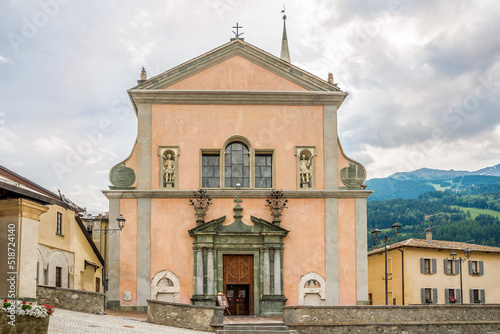 View at the Bajona Church of Saints Gervasio and Protasio at Cavour place in Bormio, Italy photo