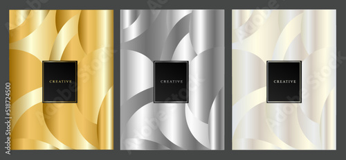 Luxury gold, silver and platinum cover design. Abstract geometric set backgrounds with curved shapes. Metallic effect. Vector illustration. photo