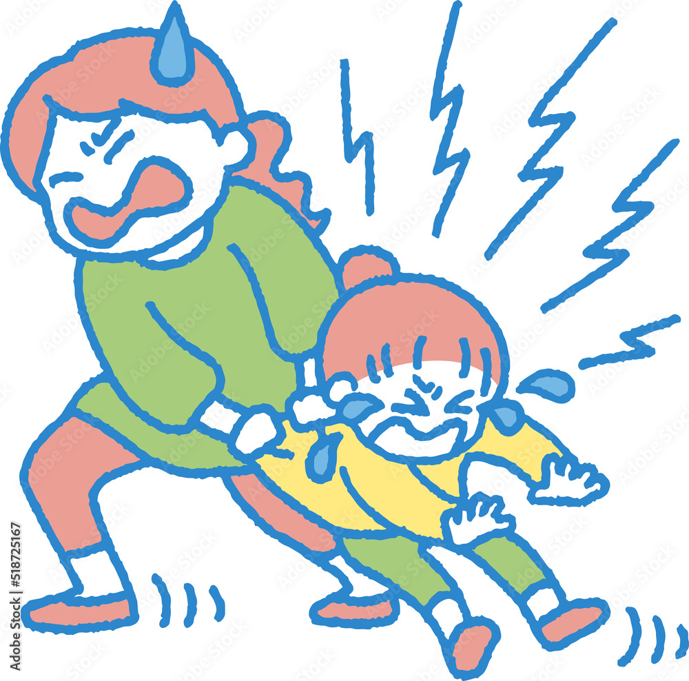 Fototapeta premium 泣きながら大人に引きずられていく子供のイラスト