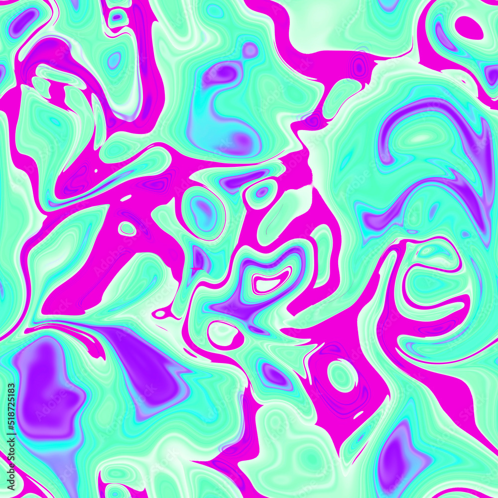 Trendy bright multicolored seamless pattern. Abstract smudges of paint. Marble effect and color mixing. Acid rave motif. Endless summer background. Digital art.