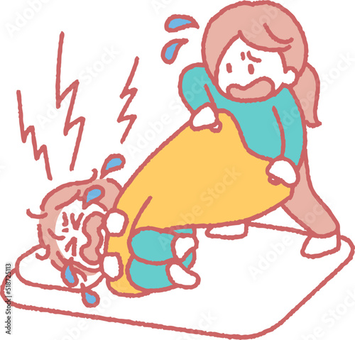布団にしがみついて泣く子供のイラスト