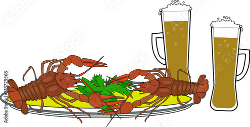 A tray of crayfish and two mugs of beer.A tray of crayfish and two mugs of beer.