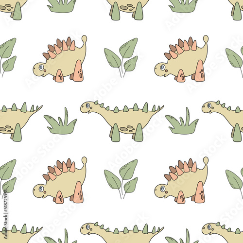Childish dinosaurs seamless pattern for fashion clothes, fabric, t-shirts. Hand drawn vector illustration in light green colors.