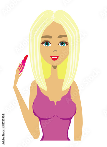 Beautiful blonde girl putting lipstick on