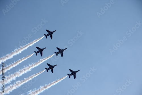 Airplane pulling blue sky and clouds