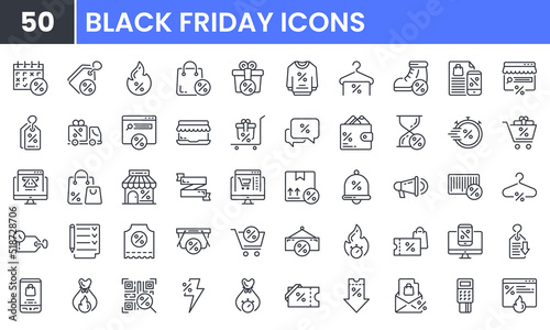 Black Friday vector line icon set. Contains linear outline icons like Sale  Discount  Coupon  Tag  Shop  Percent  Price  Offer  Cart  Fire  Promotion  Basket. Editable use and stroke.