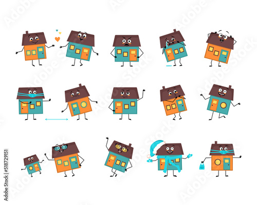 Set of cute house character with happy or sad emotions, panic, loving or brave face, hands and legs. Building man person of cottage with mask, glasses or hat. Vector flat illustration