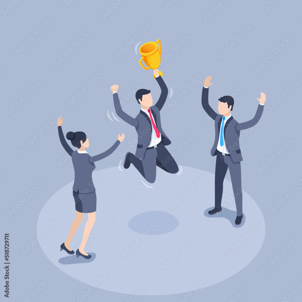 isometric vector illustration on a gray background, people in business suits celebrate achieving a goal and receiving a trophy, the joy of success isometric vector illustration on a gray background, people in business suits celebrate achieving a goal and receiving a trophy, the joy of success