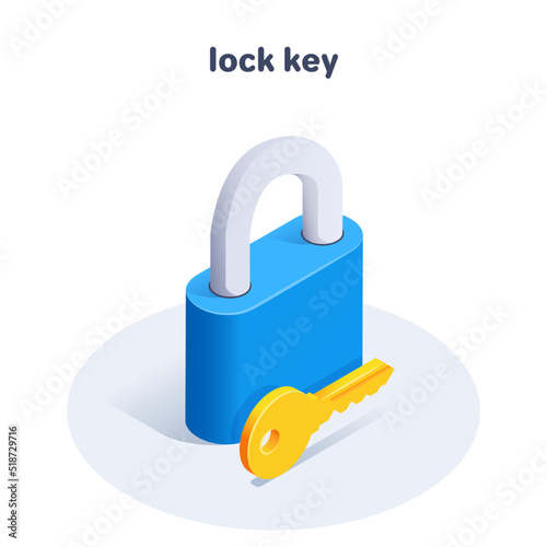 isometric vector illustration isolated on white background, lock key icon