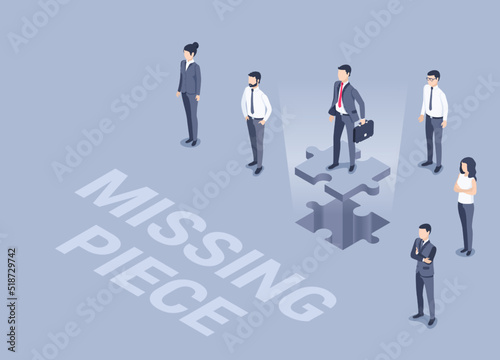 isometric vector illustration on a gray background, a man in a business suit with a briefcase stands on a puzzle piece next to other people, the missing piece