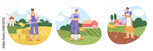 Farmers set. Flat vector illustration with a group of farmers gardening or working on a farm. Concept of agricultural.