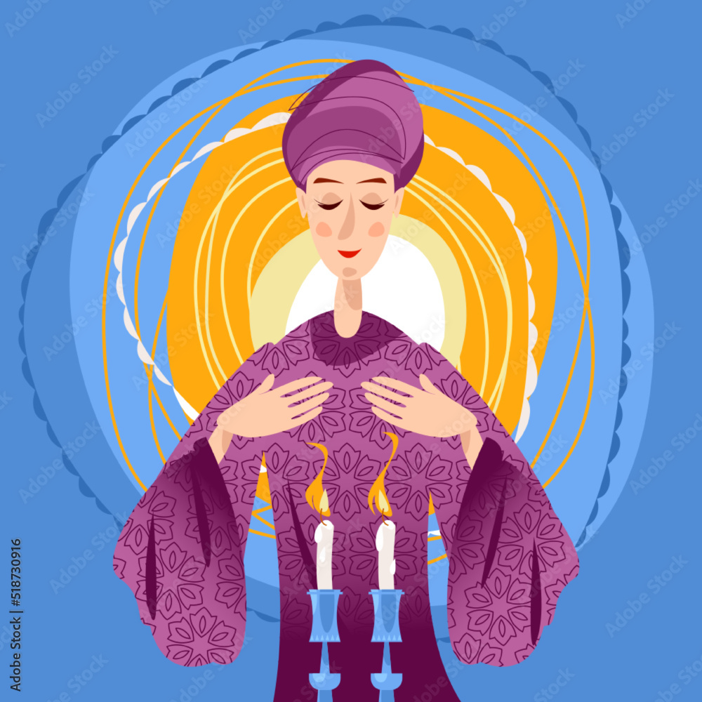 Jewish woman light a shabbat candles and read a blessing. Shabbat