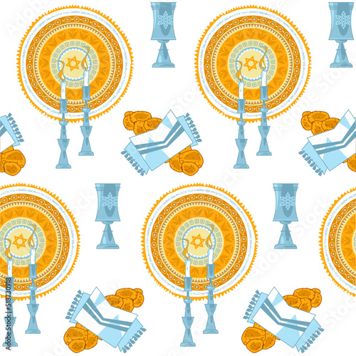 Candles, kiddush cup and challah. Shabbat shalom. Seamless background pattern