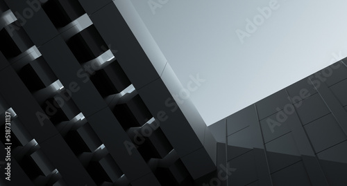 Black architecture design. Beams  ceiling and wall. Black design concept of building. 3D render.