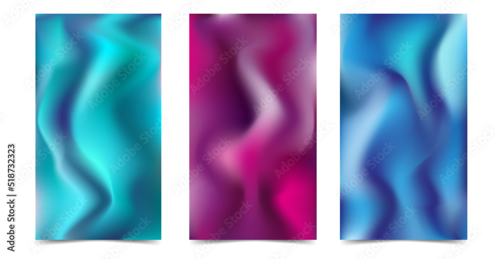 Set of vector colorful gradient backgrounds. Fluid wavy lines template, shapes of spots for banner, flyer, invitation, cover, business card. 