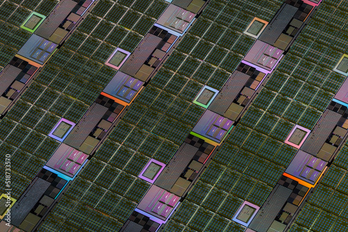 Photos Silicon monocrystalline wafer with microchips after photolithography etching manufacturing used in fabrication of electronic integrated circuits