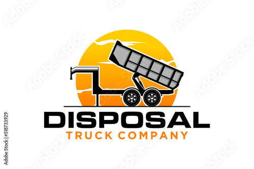 Disposal truck company logo design dump truck icon junk removal industry illustration symbol with sunset element