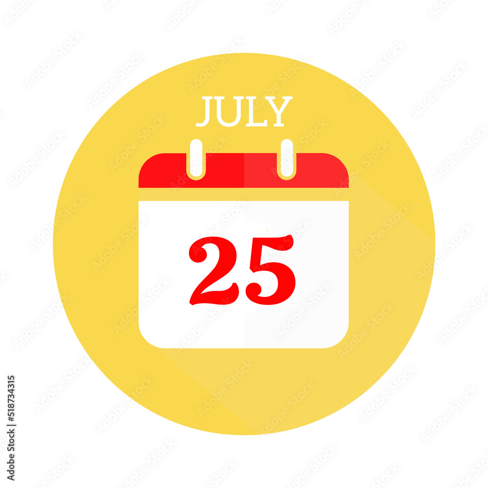 July 25 calendar flat icon with red numbers July 25 calendar flat icon with red numbers