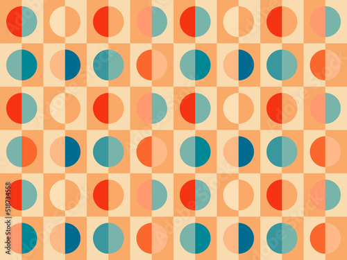 Groovy retro abstract seamless pattern background in retro color palette blue orange. Half circles checkerboard vintage backdrop, vector hippy 60s walpaper, texture, textile geometric design.