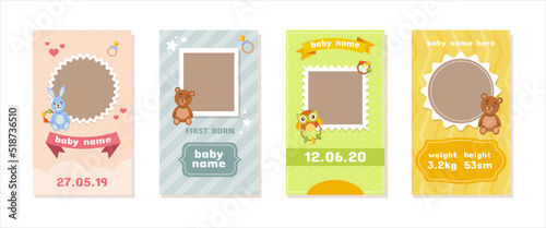 Birthday baby post frame. Toddlers name and photo border. Kids card with blank shape. Announcement of celebration. Birth date. Newborn child postcards set. Vector background template