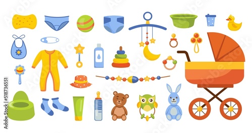 Maternity and baby accessories. Kids equipment. Newborn children supplies. Bottle with pacifier. Bib and bodysuit. Isolated toddlers carriage. Potty or diaper. Vector illustration set