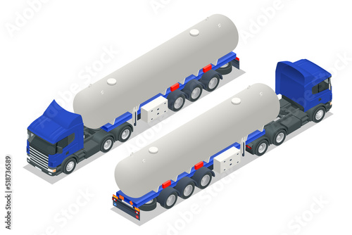 Isometric Tanker truck. Petroleum tanker, petrol truck, white cistern, oil trailer isolated on white background. Gasoline tanker, Oil trailer