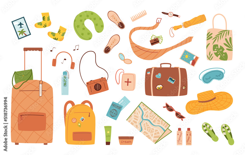 Travel suitcase bag. Vintage voyage luggage and tourism accessories. Trip vacation icons. Summer clothes set. Beach resort. Tourist baggage. Passport and tickets. Vector illustration