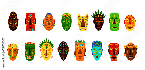 Africa tribe ethnic masks. African tiki tribal face, zulu human drawing, colorful ritual shapes. Colorful accessories, cartoon flat elements. Vector idols illustration set