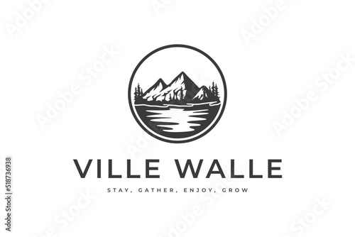 Mountain Lake River Forest Landscape Silhouette logo design