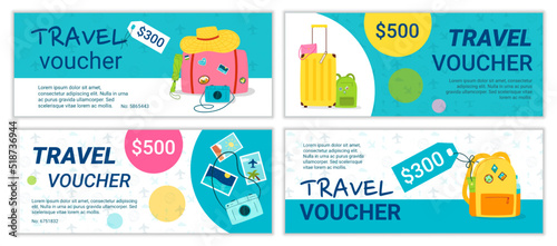 Gift travel voucher. Trip certificates. Vacation or cruise. Summer promotion cards set. Journey baggage. Coupons collection for tourists. Camera and photos. Vector background template