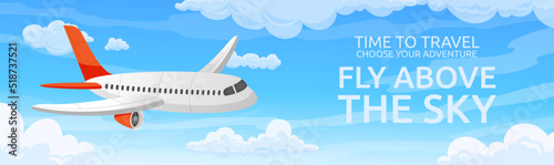 Plane flying at sky. Time to travel by aircraft. Aviation transportation. Airplane flight in clouds. Air freight deliver or passenger airline. Aerial transport. Vector cartoon banner