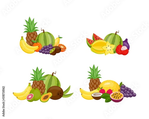 Fototapeta Naklejka Na Ścianę i Meble -  Fruit piles. Tropical food mix. Fresh sweet heaps. Pineapple or melon bunch with blueberry and watermelon. Exotic carambola and lychee. Grape berries. Vector juicy meal products set