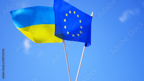 Ukrainian and European flags. Euro integration concept. International relations