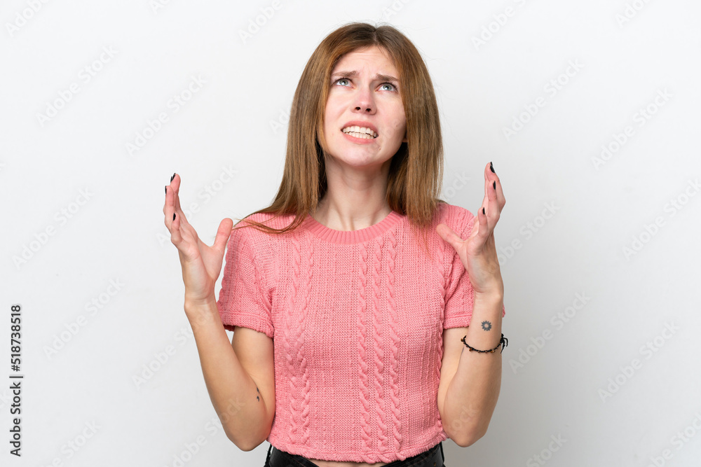 Young English woman isolated on white background stressed overwhelmed
