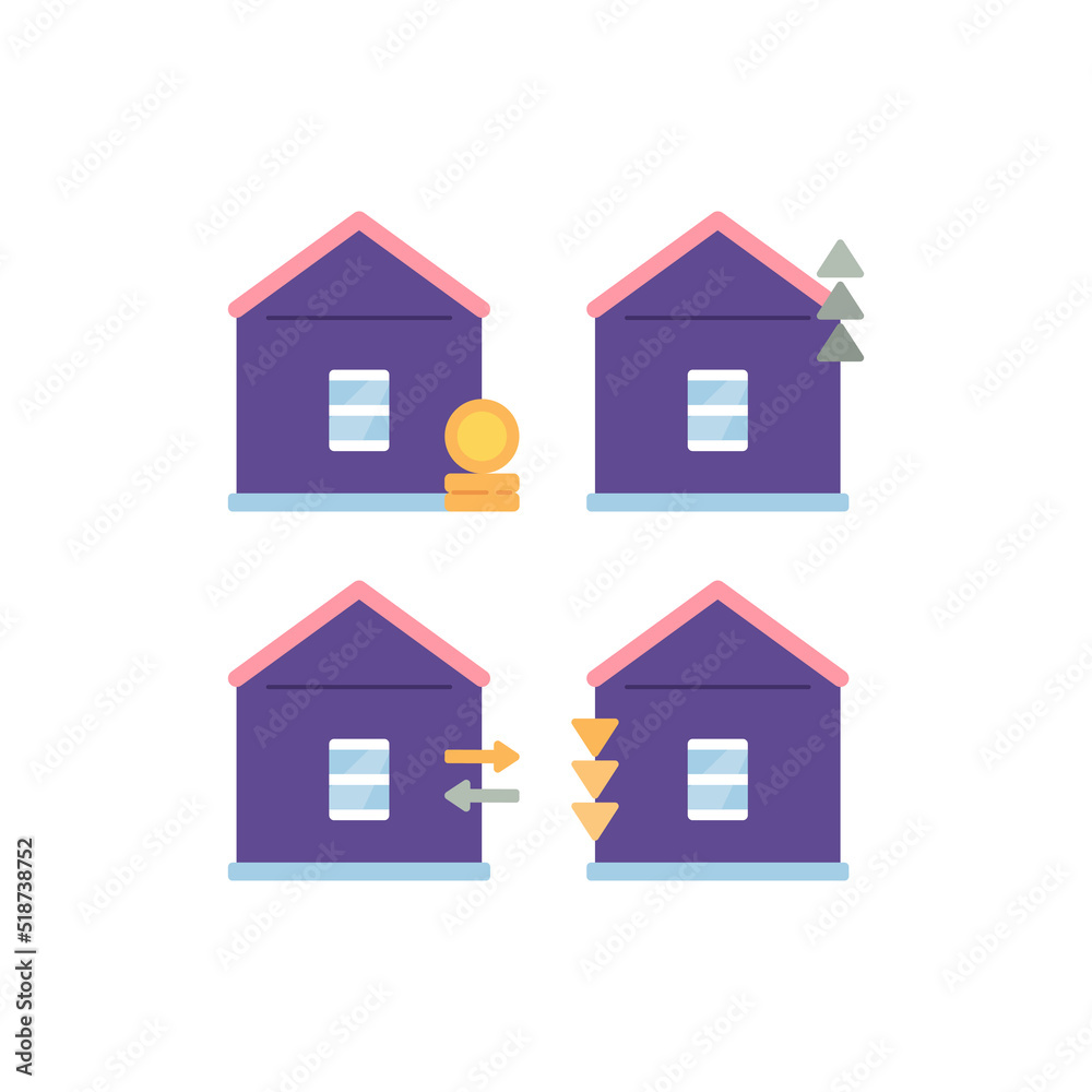 Obraz premium property or real estate business icons and symbols. house prices go up, house prices go down, property transactions, home investments. flat cartoon illustration bundle. vector concept design