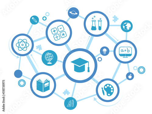 education icon concept: school, college, studying interconnected symbols - vector illustration