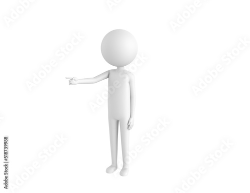 Stick Man character pointing finger to the left in 3d rendering.