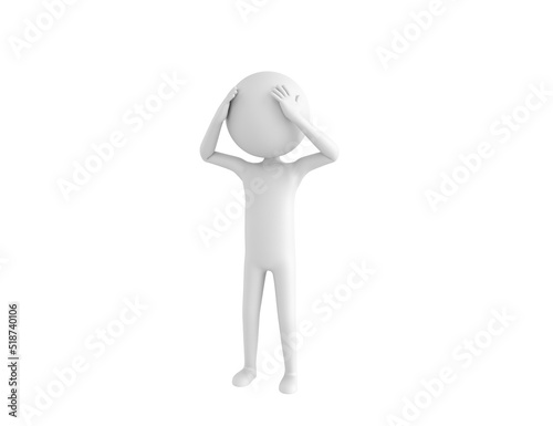 Stick Man character with hand on head for pain in head because stress in 3d rendering.