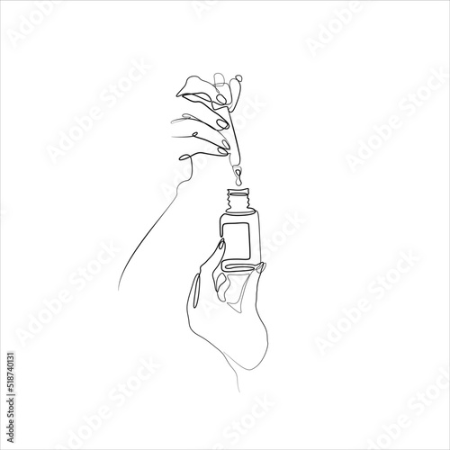 Hand holds pipette with oil or facial serum. Facial care product.  Line drawing, logo design, emblem or logo design, isolated vector illustration, self skin care, minimalism concept.