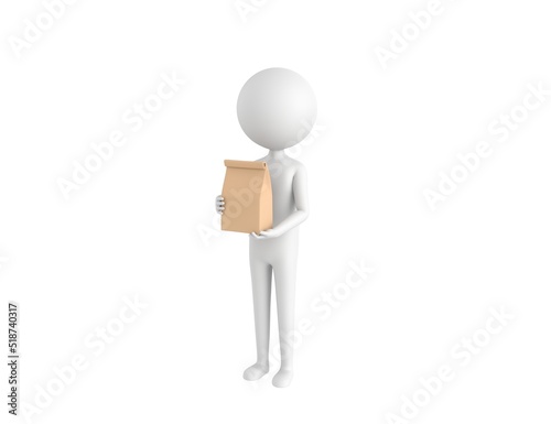 Stick Man character holding paper containers for takeaway food in 3d rendering.