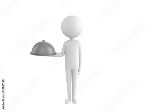 Stick Man character serving a meal under a silver cloche or dome in 3d rendering.