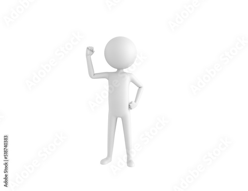 Stick Man character raising right fist in 3d rendering.