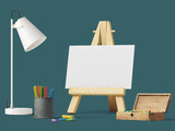 Mockup poster on an easel with chalk pens, 3d rendering, 3d illustration